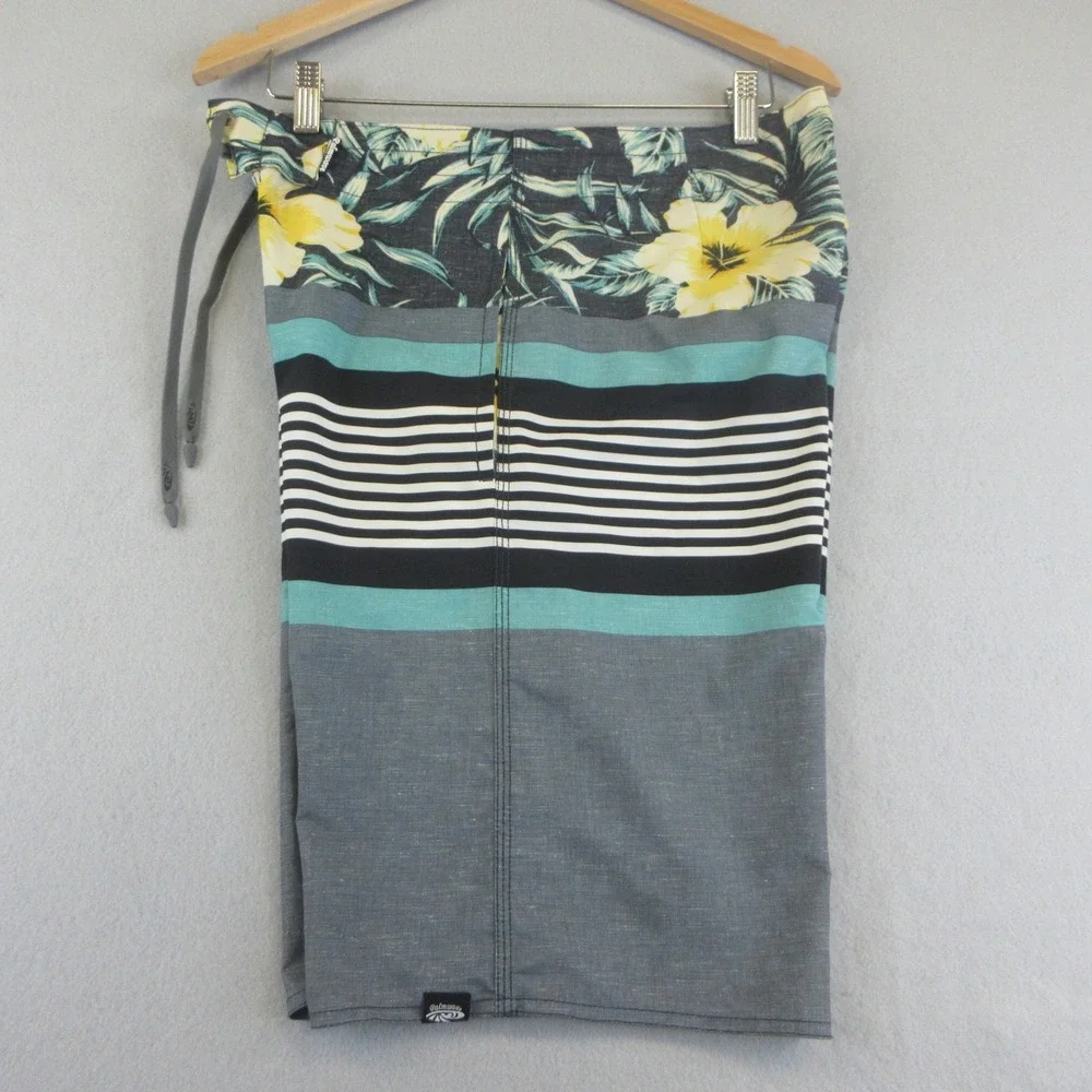Palmwave Board Shorts Men 32 Gray‎ Teal Floral Striped Pockets Stretch Surf Swim